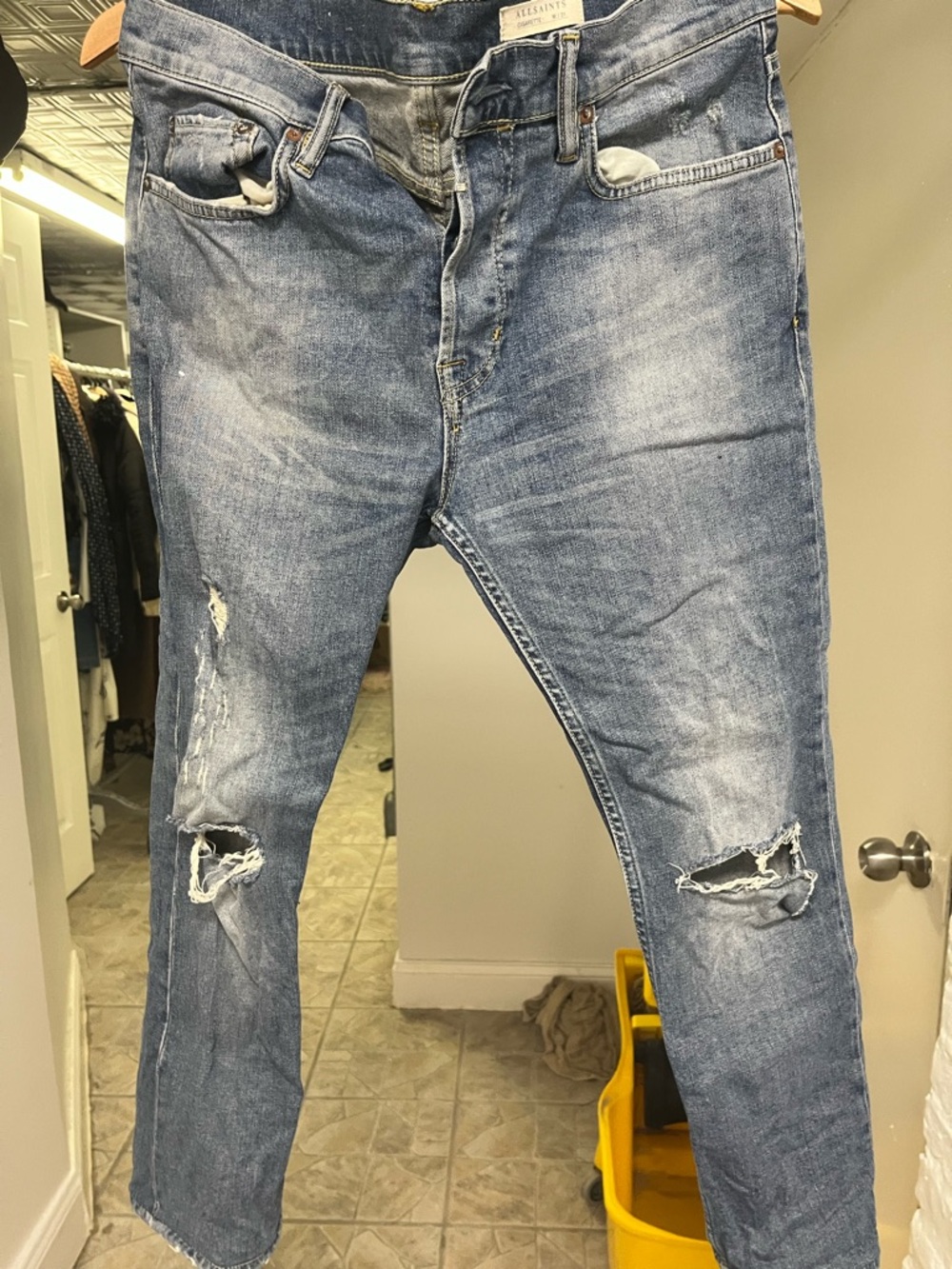 AllSaints Distressed Slim Straight Jeans - Light Blue Wash